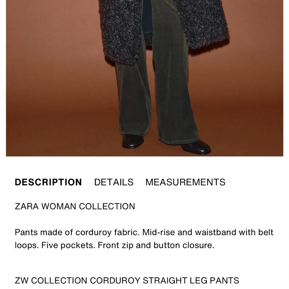 Zara NWT ZW COLLECTION corduroy dark green pants